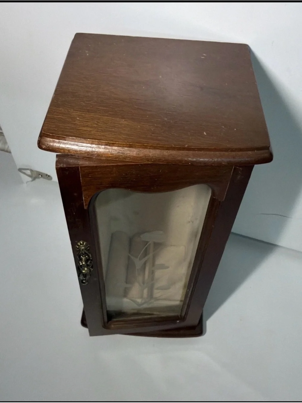 Wood-Finish Brown Jewelry Cabinet with Etched Glass Door